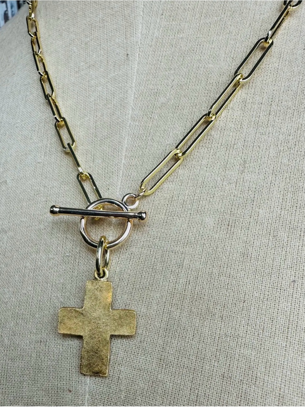 Gypsy Junk Gold Toggle Necklace with Cross Pendant